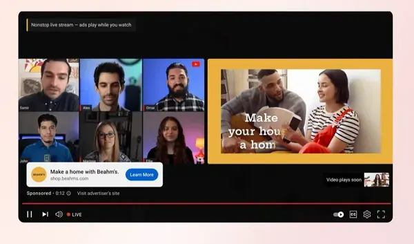 YouTube side-by-side live ads